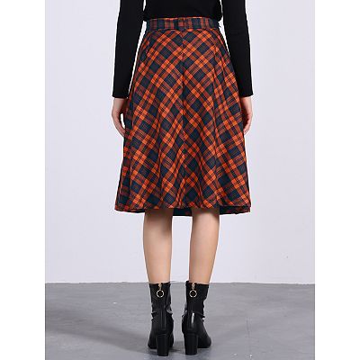 High Waist Plaid A Line Skirt Yellow Women's Costume Plaid Belted