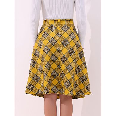 Women's Costume Plaid Belted High Waist A-line Mid-length Skirts