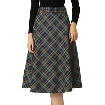 Women's Costume Plaid Belted High Waist A-line Mid-length Skirts