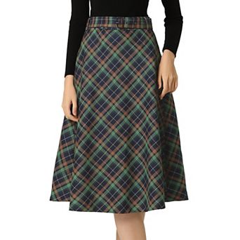 Women's Costume Plaid Belted High Waist A-line Mid-length Skirts