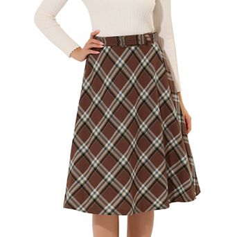 Women's Costume Plaid Belted High Waist A-line Mid-length Skirts
