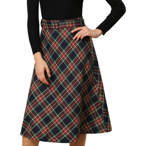 Allegra K Women s Tartan Plaid High Waist Belted Vintage A Line Midi Skirt Dark Blue 3X Large