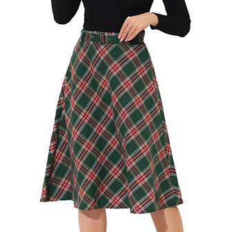 Women's Costume Plaid Belted High Waist A-Line Mid-Length Skirts
