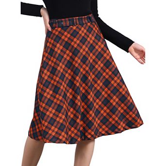 Women's Costume Plaid Belted High Waist A-Line Mid-Length Skirts