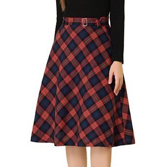 Women's Costume Plaid Belted High Waist A-line Mid-length Skirts