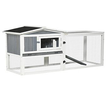 PawHut 61"L Rabbit Hutch 2-Story Bunny Cage Small Animal House with Slide Out Tray, Detachable Run, for Indoor Outdoor, Light Grey