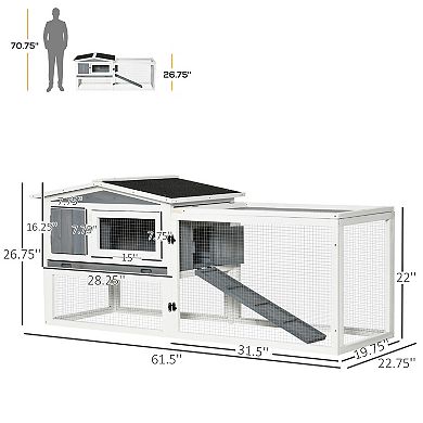 PawHut 61"L Rabbit Hutch 2-Story Bunny Cage Small Animal House with Slide Out Tray, Detachable Run, for Indoor Outdoor, Light Grey