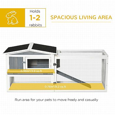PawHut 61"L Rabbit Hutch 2-Story Bunny Cage Small Animal House with Slide Out Tray, Detachable Run, for Indoor Outdoor, Light Grey