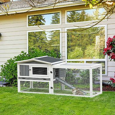 PawHut 61"L Rabbit Hutch 2-Story Bunny Cage Small Animal House with Slide Out Tray, Detachable Run, for Indoor Outdoor, Light Grey
