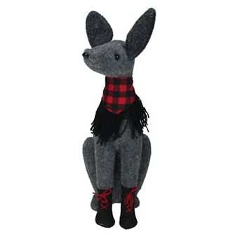 14.5” Gray and Red Sitting Dog with Plaid Collar Christmas Decoration