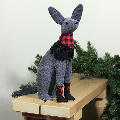 14.5” Gray and Red Sitting Dog with Plaid Collar Christmas Decoration