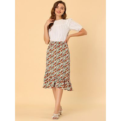 Women's Floral Elastic Waist Ruffle High Low Hem Skirts