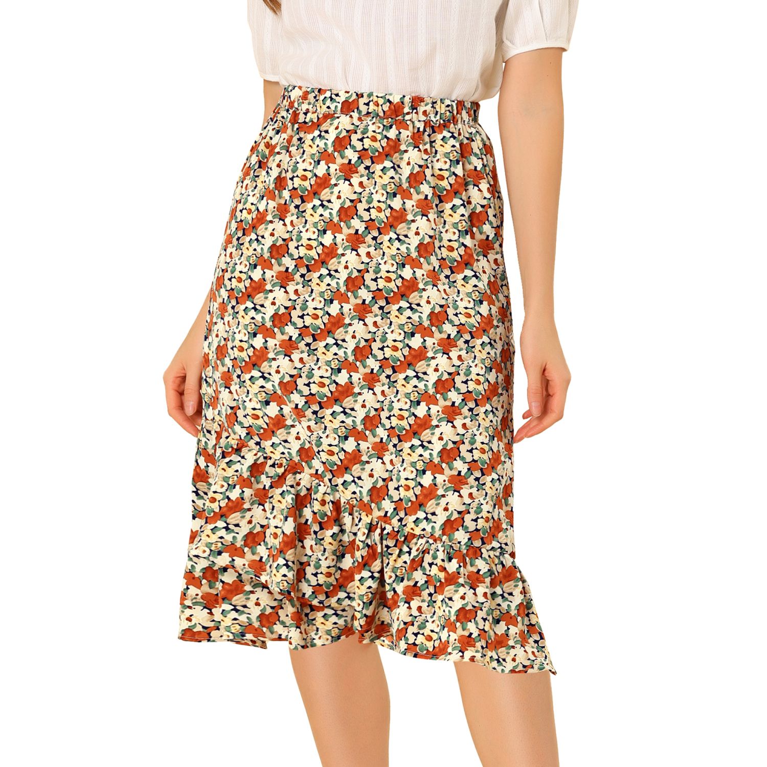 Allegra K Women's Floral Ruffle Hem Skirt – Elastic Waist, Vintage High-Low Midi Skirt