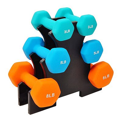 BalanceFrom Fitness 3 5 and 8 Pound Neoprene Coated Dumbbell Set with Stand