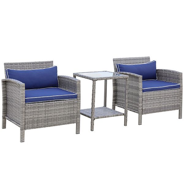3pc Patio Bistro Set Rattan Wicker Furniture, 2 Armchairs, Table, Shelf, Blue