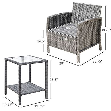 3pc Patio Bistro Set Rattan Wicker Furniture, 2 Armchairs, Table, Shelf, Blue