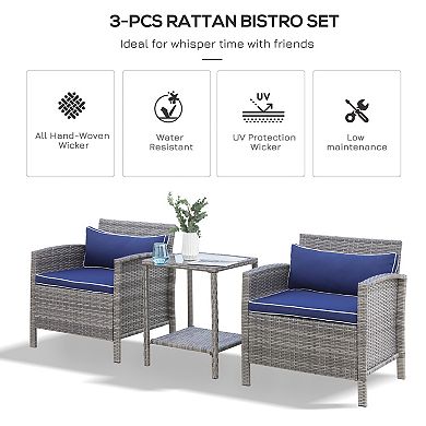3pc Patio Bistro Set Rattan Wicker Furniture, 2 Armchairs, Table, Shelf, Blue