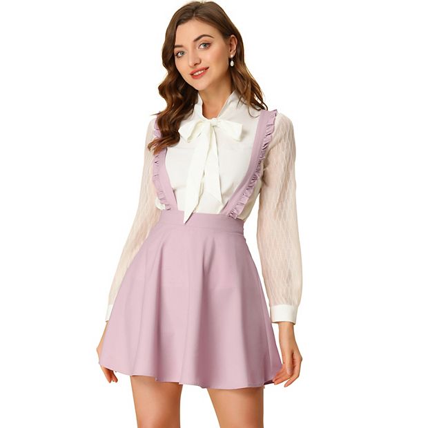 Women's Solid Ruffle Strap A-line Flared Suspender Mini Skirt