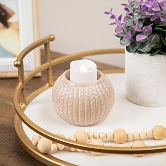 3.25" Beige Knit Design Ceramic Christmas Candle Holder