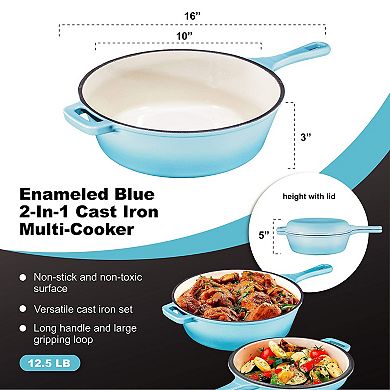 2-In-1 Blue 3 Quart Pre-Seasoned Cast Iron Dutch Oven With Handle, Mini Cast