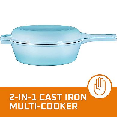 2-In-1 Blue 3 Quart Pre-Seasoned Cast Iron Dutch Oven With Handle, Mini Cast