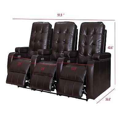 FC Design Faux Air Leather Cinema Home Theater Seating 3-Seat Power Sofa Recliner with Cup Holders and USB Port