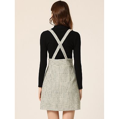 Women's Plaid Tweed Adjustable Straps Zip Bodycon Mini Suspender Skirt