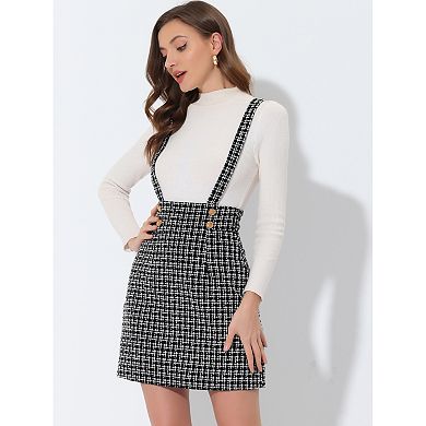 Women's Plaid Tweed Adjustable Straps Zip Bodycon Mini Suspender Skirt