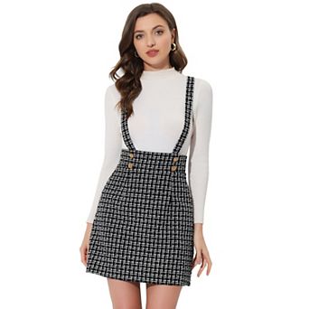 Women's Plaid Tweed Adjustable Straps Zip Bodycon Mini Suspender Skirt