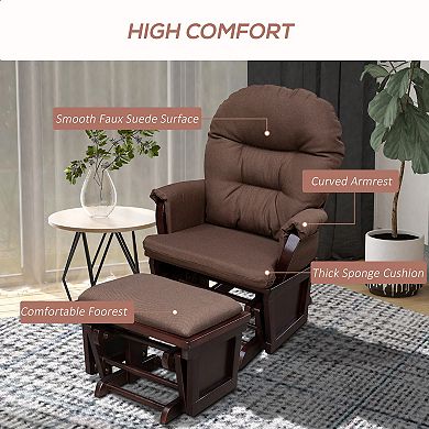 2pc Living Room Rocker Lounger W/ Ottoman Set & Suede Footrest, Brown