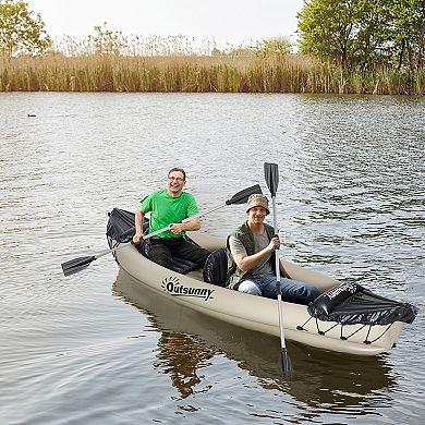 Outsunny Inflatable Kayak, 2-Person Inflatable Boat Canoe Set With Sit Top, Air Pump, Aluminum Oars for Fishing, Beige