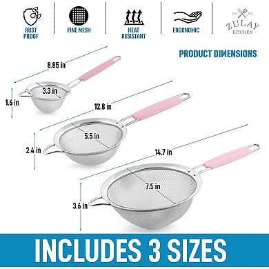 Zulay Kitchen Premium Stainless Steel Fine Mesh Strainer Set with Non-slip Handles (Set of 3)