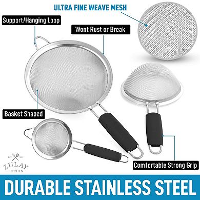 Zulay Kitchen Premium Stainless Steel Fine Mesh Strainer Set with Non-slip Handles (Set of 3)