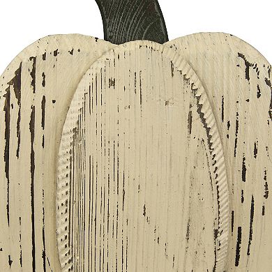 10.5" Small White Wooden Fall Harvest Pumpkin with Stem