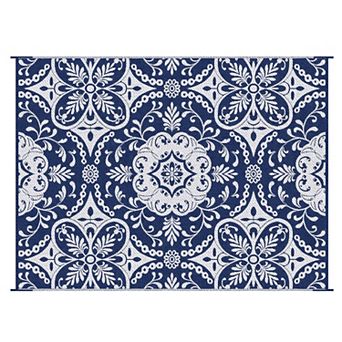 Outsunny Outdoor Rug & Bag, 9' x 12' Plastic Rug, Blue & White Floral