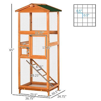 65" Extra Large Wooden Bird Cage Habitat With Strong Metal Wire 2 Doors, Orange
