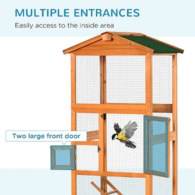 65" Extra Large Wooden Bird Cage Habitat With Strong Metal Wire 2 Doors, Orange