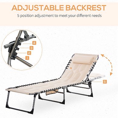 Outsunny Outdoor Folding Chaise Lounge Chair, Portable Lightweight Reclining Garden Sun-Bathing Lounger with Five-Position Adjustable Backrest, Pillow, Side Pocket, Beige