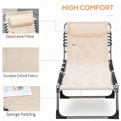 Outsunny Outdoor Folding Chaise Lounge Chair, Portable Lightweight Reclining Garden Sun-Bathing Lounger with Five-Position Adjustable Backrest, Pillow, Side Pocket, Beige