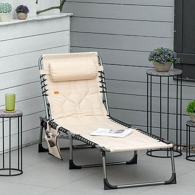 Outsunny Outdoor Folding Chaise Lounge Chair, Portable Lightweight Reclining Garden Sun-Bathing Lounger with Five-Position Adjustable Backrest, Pillow, Side Pocket, Beige