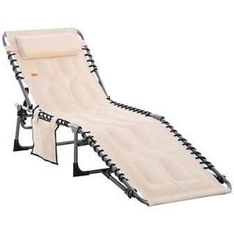 Outsunny Outdoor Folding Chaise Lounge Chair, Portable Lightweight Reclining Garden Sun-Bathing Lounger with Five-Position Adjustable Backrest, Pillow, Side Pocket, Beige