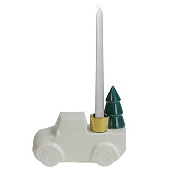 6 White Ceramic Truck with Christmas Tree Taper Candlestick Holder