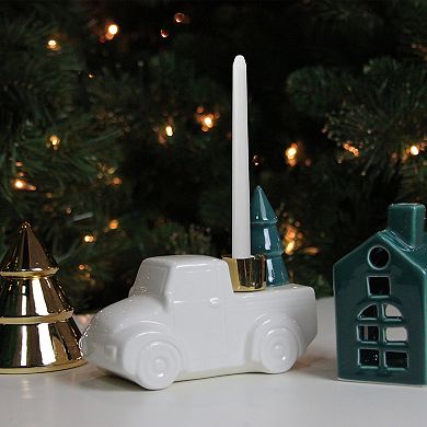 6 White Ceramic Truck with Christmas Tree Taper Candlestick Holder