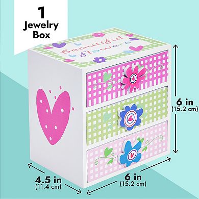 Small Floral Jewelry Box For Little Girls Ages 4-13 - Kids Wooden Organizer
