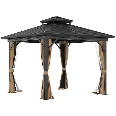 Outsunny 10 x 10 Hardtop Gazebo with Aluminum Frame Metal Roof Gazebo Canopy w Hook Curtains Dark Brown