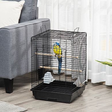 PawHut 23" Bird Cage Flight Parrot House Cockatiels Playpen with Open Play Top and Feeding Bowl Perch Pet Furniture Black