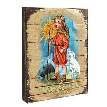 G.Debrekht Shepherd Wooden Gold Plated Religious Christian Sacred Icon Inspirational Icon Décor