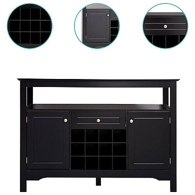MELLCOM Modern Wooden Buffet Cabinet with Drawer and 12 Bottle Wine Rack, Black