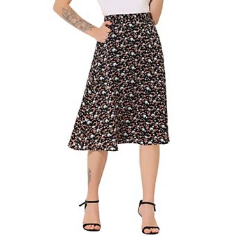 Women's Flare Below Knee Chiffon Flowy Waistband A Line Midi Skirt