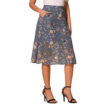 Women's Flare Below Knee Chiffon Flowy Waistband A Line Midi Skirt